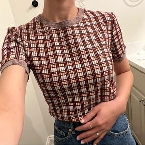 Burgundy Plaid Knit Short Sleeve Sweater Top
